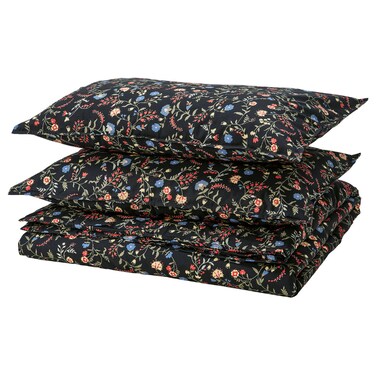 Duvet Cover And 2 Pillowcases Black Multicolour/Floral Pattern 240X220/50X80 Cm