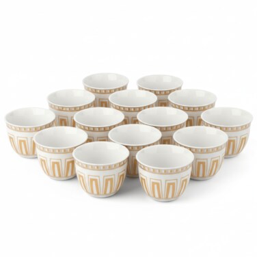 12Pcs White Ceramic Cawa Cup Set With Light Peach Decorative Design 80Ml