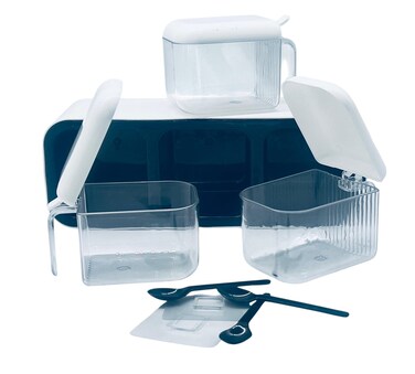 Rectangular 3Pcs Spice Jar Set With Spoons, White/Black