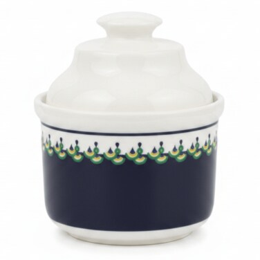 White Ceramic Sugar Jar With Elegant Navy Blue Pattern And Lid For Kitchen And Dining Use &ndash; 10 Cm