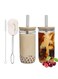seven 2-Pack 24 oz Reusable Boba Cups with Wood Lids and Straws - Wide Mouth Jar Smoothie Cups for Bubble Tea and Iced Coffee