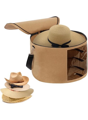 Pehciroe Large Hat Boxes with Lids, Foldable Felt Round Hat Storage Box Large Hat Box Travel with Handles and Shoulder Strap for Carrying &amp; Storing Various Types of Hats, 17.7 x 11.8 Inch, Camel