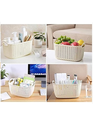 JANNAH 2pcs Multipurpose Knitted Plastic Basket Rattan Basket Organiser Box Storage (Small/White)