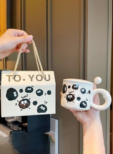 Black Coal - Themed Ceramic Mug With Lid And Spoon, Gift - Boxed - Adorable Design For Gifting &amp; Daily Use