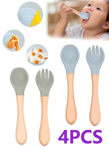 Pcs Silicone Baby Spoons and Forks, Soft-Tip Baby Flatware Sets, Self Feeding 6+ Months Wooden Handle Baby Led Weaning Spoon Utensils for Training