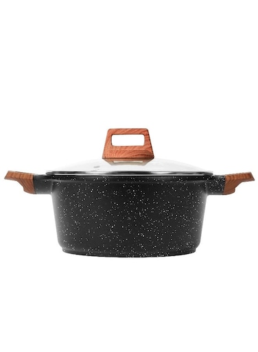 LIFE Casserole Dish 28Cm with Glass lid   Aluminum   Non-stick Ceramic coating   Scratch Resistant &amp; Durable   Soft touch wooden esthetic handle , Black