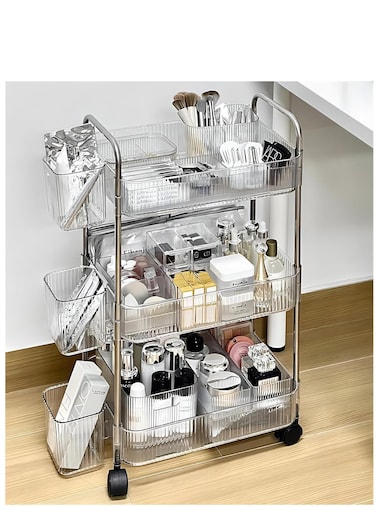 3-Tier Acrylic Storage Rolling Cart Clear Bathroom Cart Organizer with 2 Hanging Baskets, Trolley Organizer with Lockable Wheels for Office Kitchen Laundry Room (3 Tier)