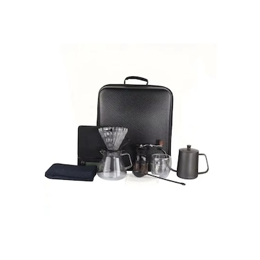 Portable Pour Over Coffee Maker Travel Kit with Carrying Case, Manual Grinder, Glass Server, Black