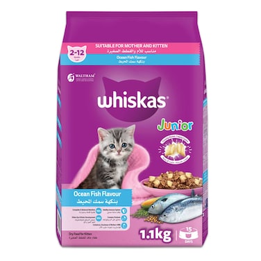 Whiskas Kitten Ocean Fish Flavor with Milk Dry Kitten Food, Bag of 1.1Kg