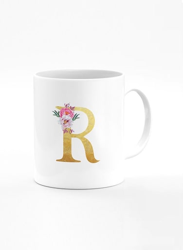 Designer Printed Coffee Mug 11oz Ceramic Personalised Gift Mugs Cup -Custom Monogram Initial Letter Floral Pattern Alphabet - R (White)