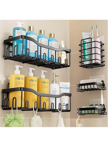 Tazweeq Shower Caddy, 5 Pack Shower Organizers, 2 Shower Caddies, 2 Soap Holders, Stainless Steel Wall Rack basket with Adhesives, Wall Mounted Bathroom Basket Shelf(Black)