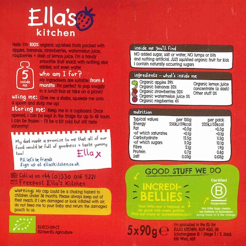 Ella&#39;s Kitchen The Red One Organic Squished Smoothie Fruits 6+ Months Baby Food, Gluten &amp; Dairy Free 90g