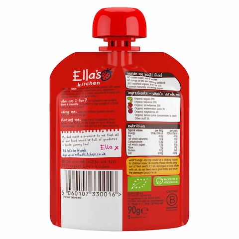 Ella&#39;s Kitchen The Red One Organic Squished Smoothie Fruits 6+ Months Baby Food, Gluten &amp; Dairy Free 90g