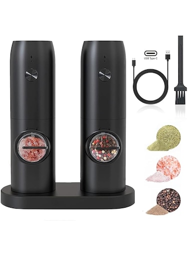 STAYOUNG 2 PCS Electric Pepper Grinder - Rechargeable Automatic Pepper Salt Mill, One Hand Operation, Coarseness Adjustable, Refillable and Portable for Kitchen, Restaurant, Camping BBQ