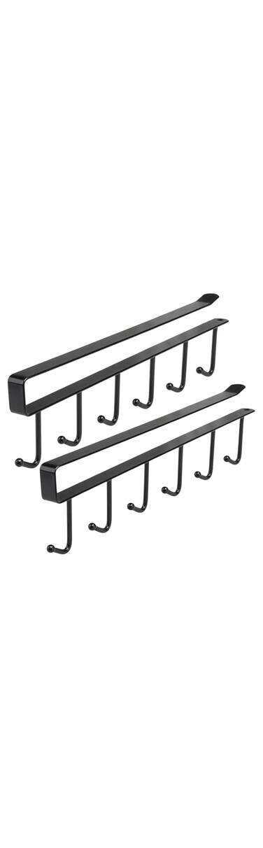 DEDEX 2 Pcs Under Shelf Mug Holder, cup hanger with sticky support, under cabinet Utensil hooks holds 12, Kitchen Storage Rack, wardrobe organizer, drill free (Black)