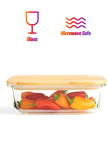 Clear Borosilicate Glass Food Storage Container With Wooden Lid And Silicone Removable Seal Airtight Bamboo Meal Prep Box For Kitchen Pantry Organization Microwave Oven Safe