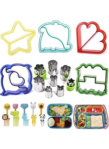 Aoktech Sandwich Cutters Set, 23 Pcs for Children Vegetables Fruits Cutter 5 Pcs Sandwich Cutters Dinosaur Dolphin Train Stars Heart Shapes, 8 Pcs Stainless Steel Cutters and 10PCS Food Picks Kid Fork