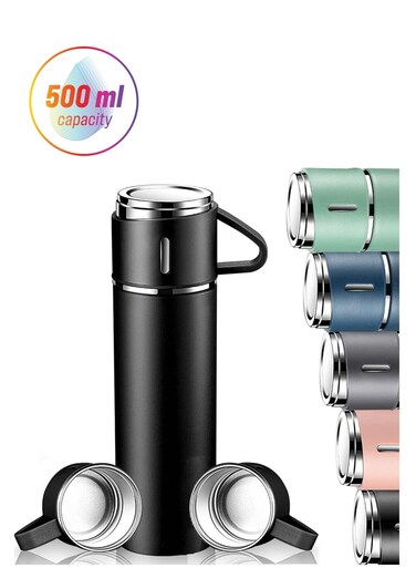 500ml Stainless Steel Vacuum Thermos Flask with Silicone Handle &acirc;&euro;&ldquo; Insulated Water Bottle with 2 Stainless Steel Cups Set for Hot &amp; Cold Outdoor Travel   Gift Box (2 PACK, BLACK) &acirc;&euro;&ldquo; Ideal for Hiking, Camping, and Travel