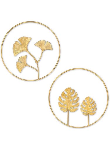 ELECDON Round Leaves, Metal Wall Art, Iron Wall Sculptures Wall Ornaments, Gold Metal Leaf Wall, Nature Gingko Biloba Art, for Home Hotel Living Room Office Decoration, 2Pcs (Gold)