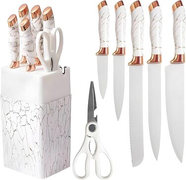 7pc Stainless Steel Knife Set for Kitchen &ndash; Sharp Chef Knife, Scissors &amp; Sharpener with Marble Handles &amp; Knife Holder &ndash; Cutlery Set for Home &amp; Professional Chefs! (White)