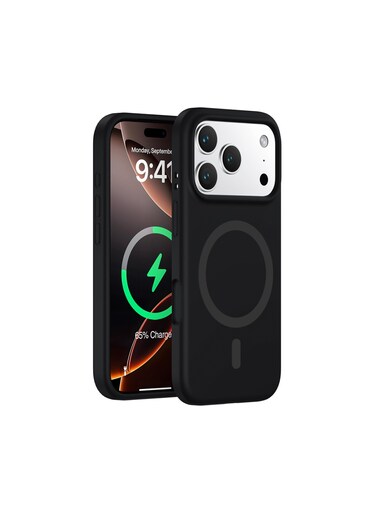 جراب Mobcos iPhone 17 Pro أسود فاخر من السيليكون بتصميم حلقة مميزة، مزود بتقنية MagSafe   ملمس ناعم كالحرير   حماية فائقة ضد الصدمات بمعايير عسكرية   توافق مغناطيسي قوي   غطاء أنيق ونحيف