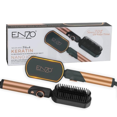Enzo Professional EN-4002 Hair Straightener Brush, Salon Styler Hair Dryer And Volumizer Ceramic Heating Ionic Hair Straightener Comb, Anti-Scalding - Intl Version - Black