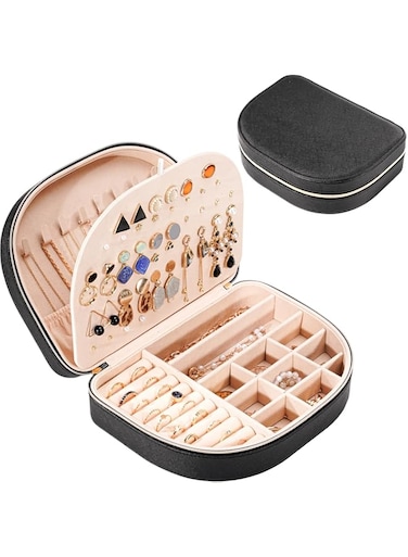 ProCase Travel Size Jewelry Box, Large Portable Seashell-Shaped Jewelry Case, 2 Layer Jewelry Organizer in PU Leather for Women -Black