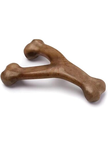 Durable dog chew toy, aggressive Chew, durable dog chew toy, dark brown bacon flavor, helps clean teeth