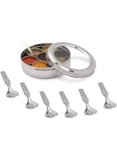 KSJONE See Through Spice Container Masala Dabba With 7 Compartments and 7 Spoons, Masala Box, Spice Container Box, Stainless Steel Spice Box Indian with Transparent Lid, 20cm