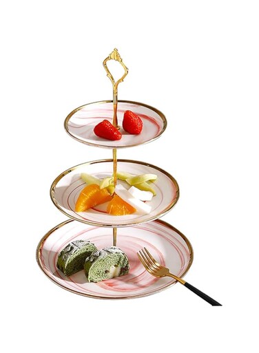 Affogato Cupcake Stand Tower Dessert Display Plate 3-Tier Pink Round Marble Ceramic Serving Tray Dish Treat Stacked Pastry Fruit Serving Platter Carrier for Gift Tea Party Restaurant