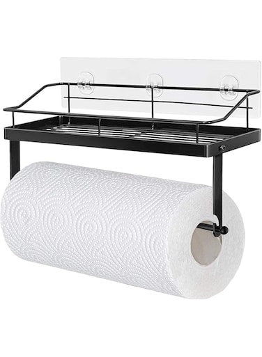 ELECDON Spice Rack Organizer for Refrigerator, 1 Pack, Paper Towel Holder Magnetic with Hooks, Multi Use Kitchen Magnetic Shelf, Cutlery Holder Organizer Utensil Hanger for Kitchens,Restaurants, Black