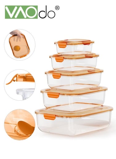 5PCS Food Storage Container with Lids Airtight Leakproof BPA-free Stackable Storage with Air Valve Food Grade Fresh-keeping Box Orange