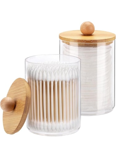 Strayelf 2 Pack Qtip Holder,10-Oz Bathroom Organizer Accessories Storage Containers Clear Plastic Apothecary Jars with Bamboo Lids for Cotton Ball,Cotton Swab,Floss