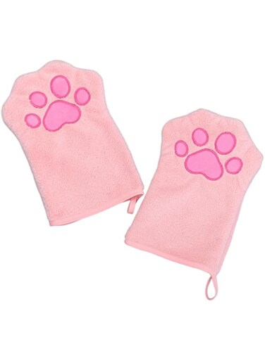 CavspkArt 2 Pcs Dog Cleaning Towels Glove for Dogs and Cats, Soft Microfibre Pet Towel Mitts Coral Fleece, Water-Absorbent Pet Drying Mitts, Cute Cat Paw Gloves Towel (Pink)