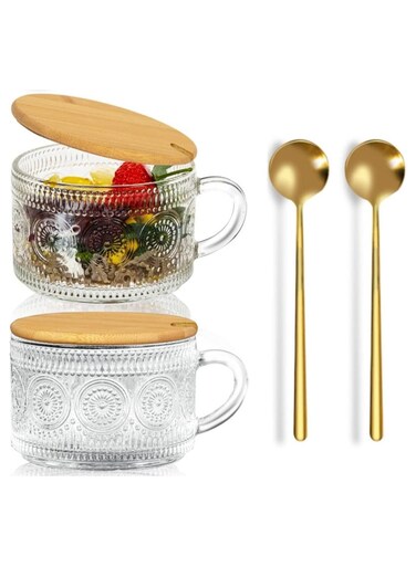 HOME 2pcs Set Vintage Embossed Clear Coffee Mugs with Bamboo Lid and Spoon 14oz Glass Tea Cups Glassware Gifts Overnight Oats Containers 14oz