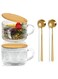 HOME 2pcs Set Vintage Embossed Clear Coffee Mugs with Bamboo Lid and Spoon 14oz Glass Tea Cups Glassware Gifts Overnight Oats Containers 14oz