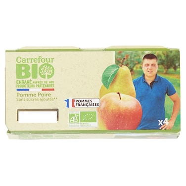 Carrefour Bio Organic Apple and Pear Fruit Pur&eacute;e No Added Sugar, 100g, Pack of 4