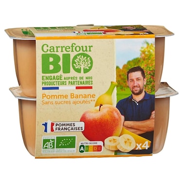 Carrefour Bio Organic Apple and Banana Fruit Pur&eacute;e No Added Sugar, 100g, Pack of 4