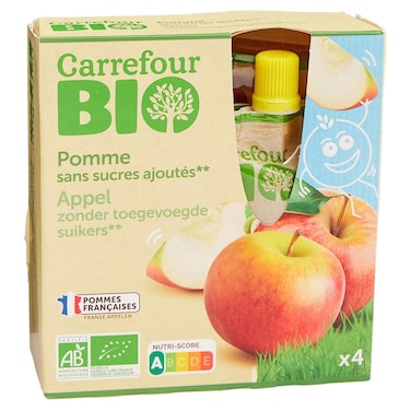 Carrefour Bio Organic Apple Fruit Pur&eacute;e No Added Sugar, 90g, Pack of 4