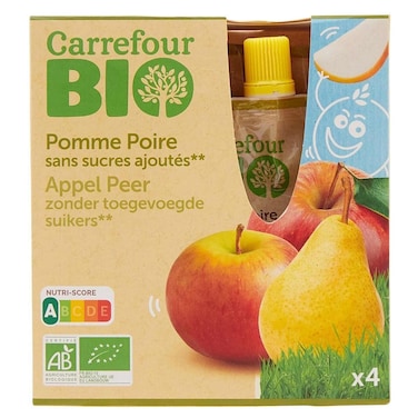 Carrefour Bio Organic Apple and Pear Fruit Pur&eacute;e No Added Sugar, 90g, Pack of 4