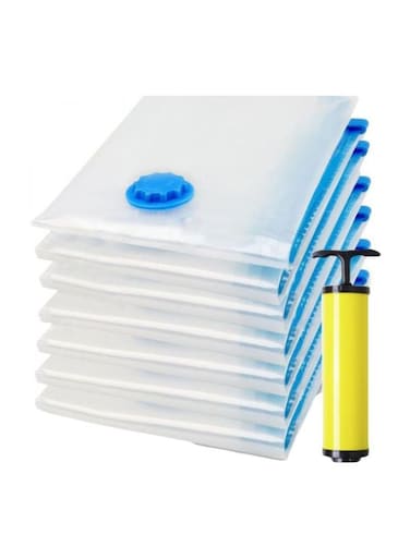 Pack Of 8 Vacuum Compression Storage Bag Clear/Blue 70x100cm