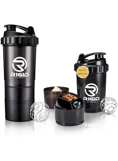 RIGID FITNESS Protein Shakers (2-Pack of 500ml) - Leak-Proof Shaker with Compartments for Powder &amp; Pill Storage - Transparent Mixer - Healthy BPA Free Bottle - Ideal for Exercises (Black/Transparent)