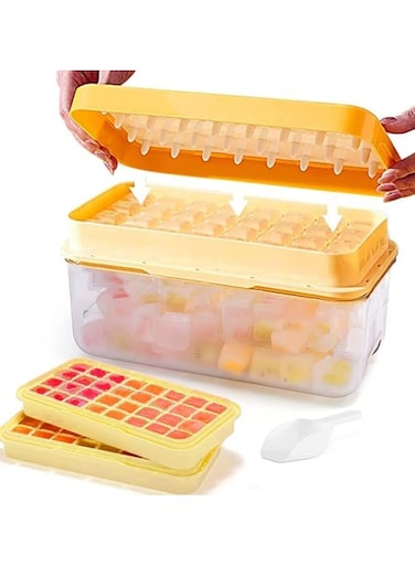 Basics Ice Cube Tray With Lid Storage Box - Press Type 32x2 Double Ice Cubes Tray Easy Press Silicone Ice Cube Tray with Ice Container Orange