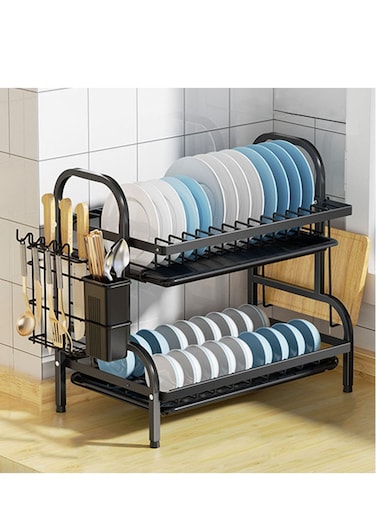 TYCOM Dish Drying Rack, Curve 2-Tier Dish Rack Set, Large Rust-Proof Dish Drainer with Drip Tray Knife Holder, Cutting Board Holder for Kitchen Dish Strainers Dish Dryer Rack for Counter(Black)