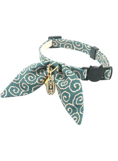 PetSoKoo Unique Bunny Ears Bowtie Cat Collar, Ancient Arabesque Print, Japan Traditional Lucky Charm. Safety Breakaway, Light Weight, Soft, Durable