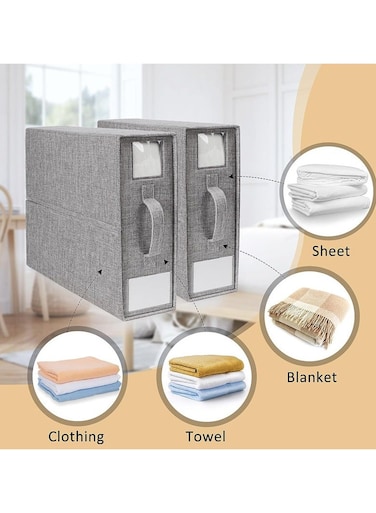 2 Pack Bed Sheet Storage Bags, Thick Fabric Clothes Storage Box, Foldable Closet Organizer Storage Container with Window and Label, Linen Closet Organizer for Blanket, Duvet Cover Set, Bed Sheet Set