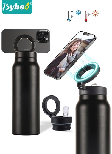 710ml Insulated Water Bottle with Magnetic Phone Holder, Compatible for Mag-Safe Tripod Mount, Stainless Steel Sports Water Bottle with Straw, Hot for 12H, Cold for 24H for Home,Sports, Gym and Travel