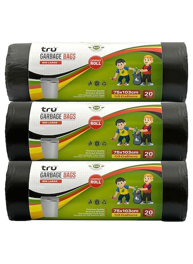 tru Garbage Bags Compact Roll Black 75x103cm - Pack of 3