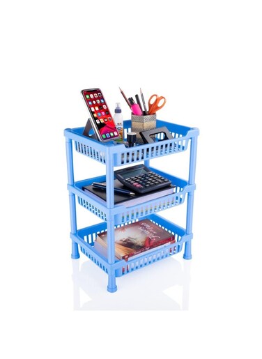 Nixy Series Multipurpose Plastic Trolley with Dish Rack for Kitchen Fruit Vegetable Storage Basket Modern Organizer - 3 Layer Stackable Shelf Cart Kitchenware Food, Snacks, Bottles, Toys (Blue)