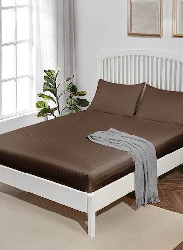 Linen Double Striped Fitted Elastic Bedsheet with 2 Pillow Case 160 x 200 Cm Coffee Brown